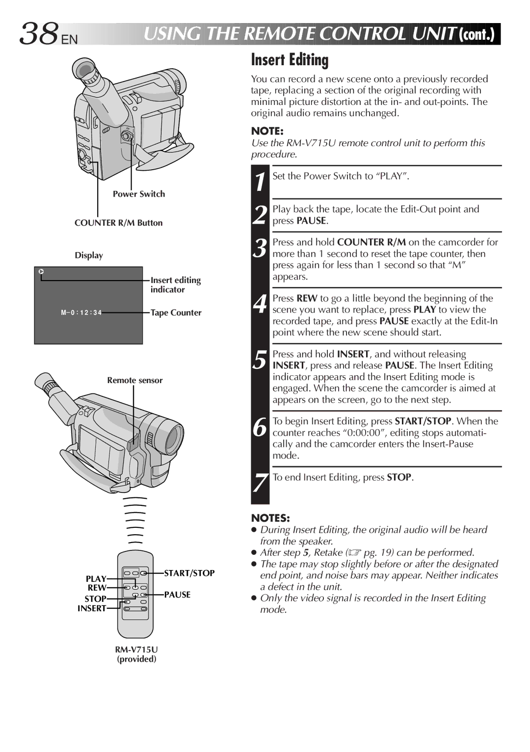 JVC GR-SX950 specifications 38 EN, Using the Remote Control Unit, Insert Editing 