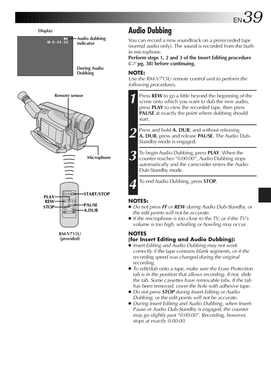 JVC GR-SX950 specifications For Insert Editing and Audio Dubbing 