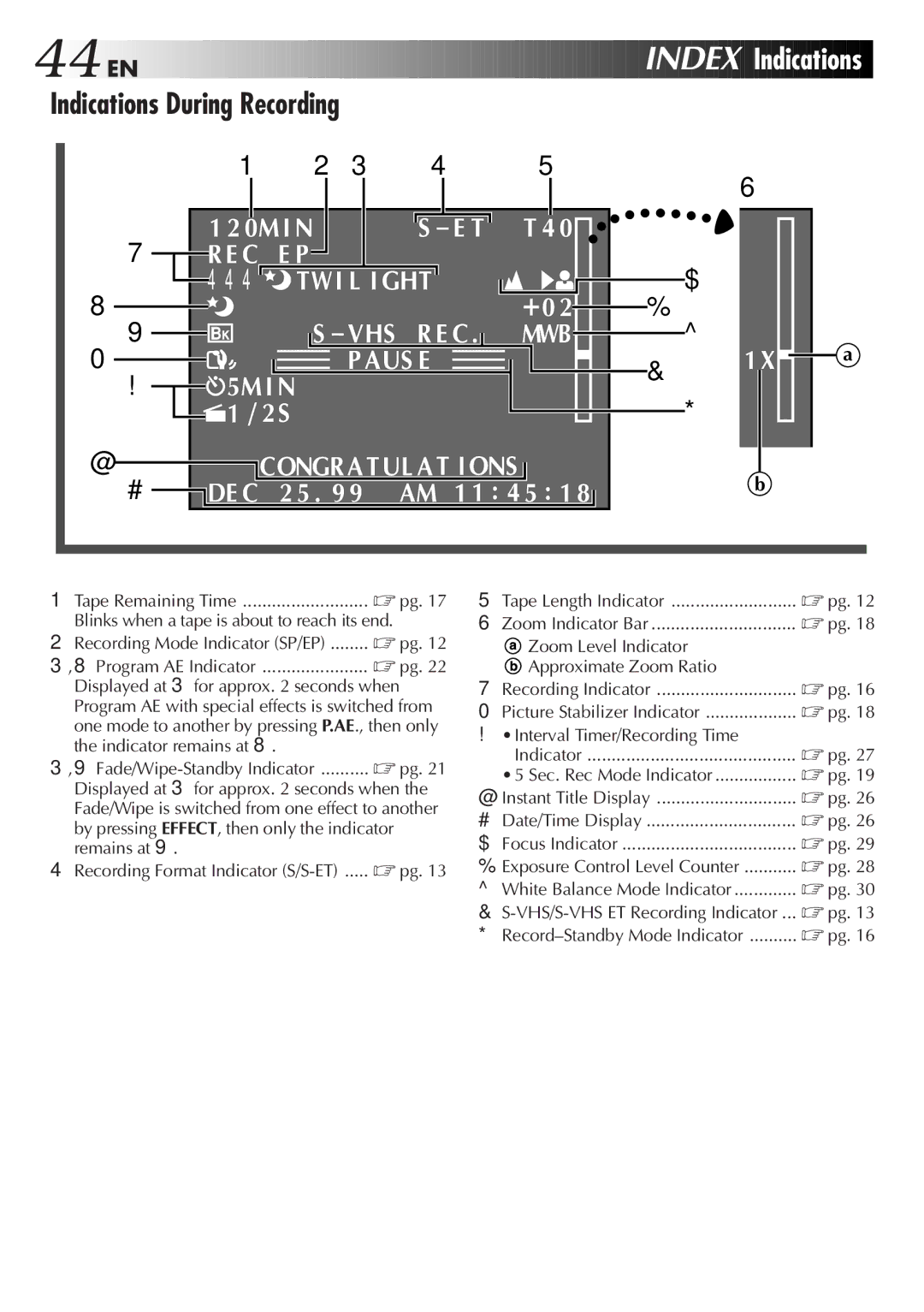 JVC GR-SX950 specifications 44 EN, Index, Indications During Recording 