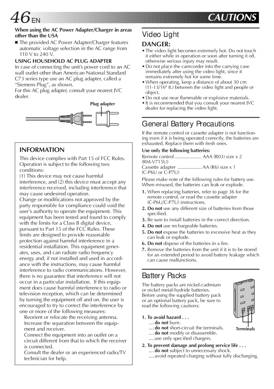 JVC GR-SX950 specifications 46 EN, Information, Use only the following batteries, To avoid hazard 