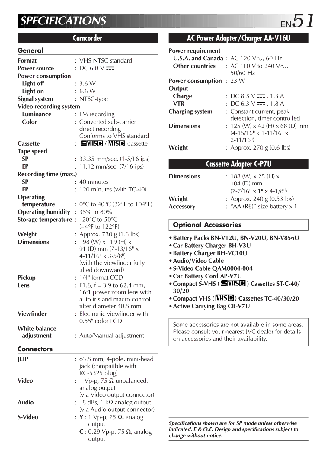 JVC GR-SX950 specifications Specifications 