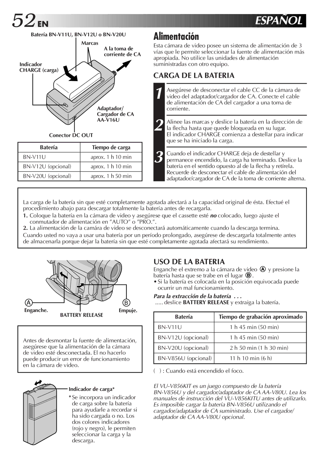 JVC GR-SX950 specifications 52 EN, Alimentación, Carga DE LA Bateria, USO DE LA Bateria, Batería 