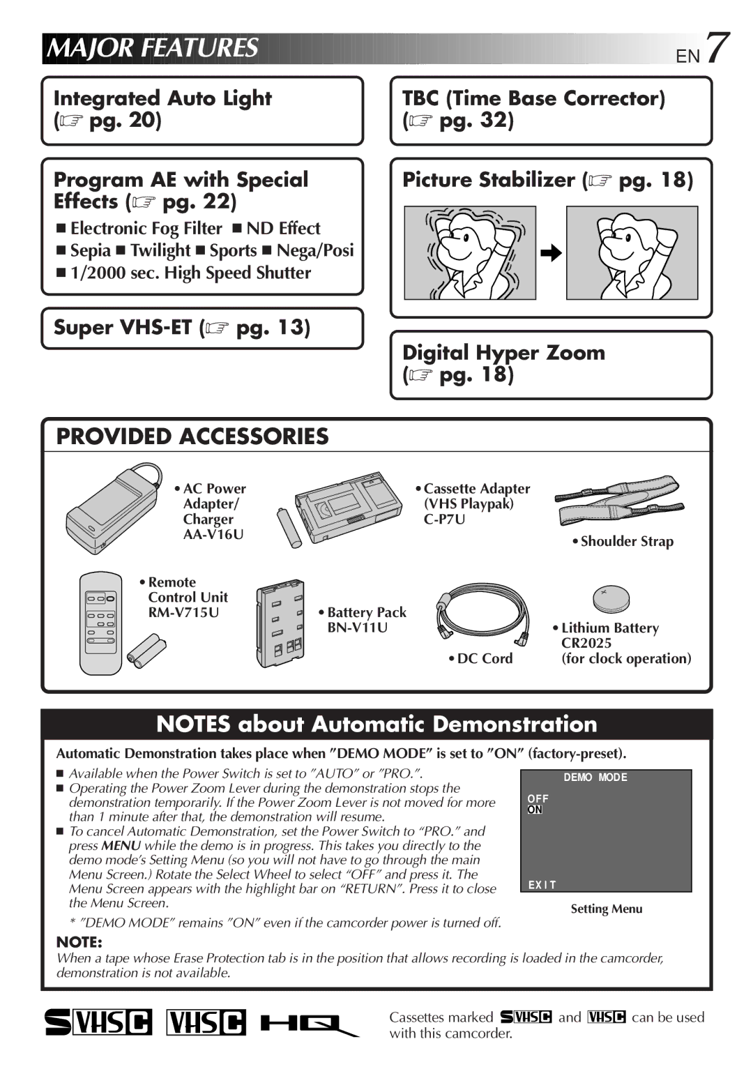 JVC GR-SX950 Major Features EN7, Cassettes marked and can be used with this camcorder, Control Unit, For clock operation 