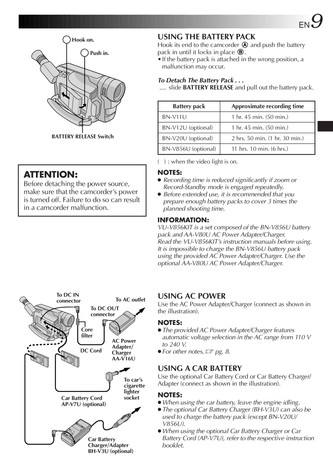 JVC GR-SX950 Using the Battery Pack, Using AC Power, Using a CAR Battery, Battery pack Approximate recording time 