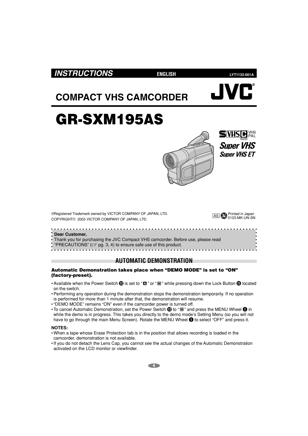 JVC LYT1133-001A, GR-SXM195AS manual Automatic Demonstration, Dear Customer 