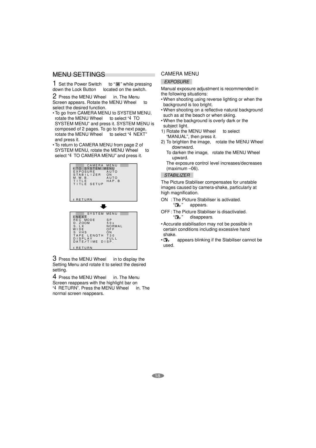 JVC GR-SXM195AS, LYT1133-001A manual Menu Settings, Exposure, To brighten the image, rotate the Menu Wheel, Stabilizer 