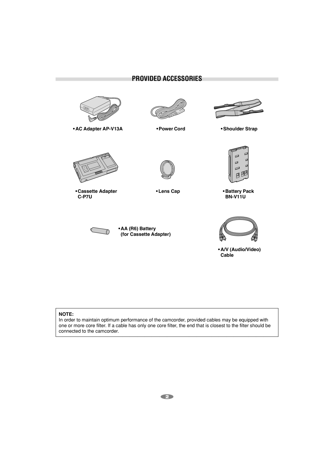 JVC GR-SXM195AS, LYT1133-001A manual Provided Accessories, AC Adapter AP-V13A Power Cord, Cassette Adapter Lens Cap 