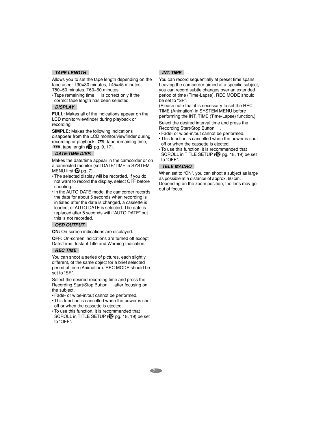 JVC LYT1133-001A, GR-SXM195AS manual Tape Length, Display, DATE/TIME Disp, OSD Output, REC Time, INT. Time, Tele Macro 