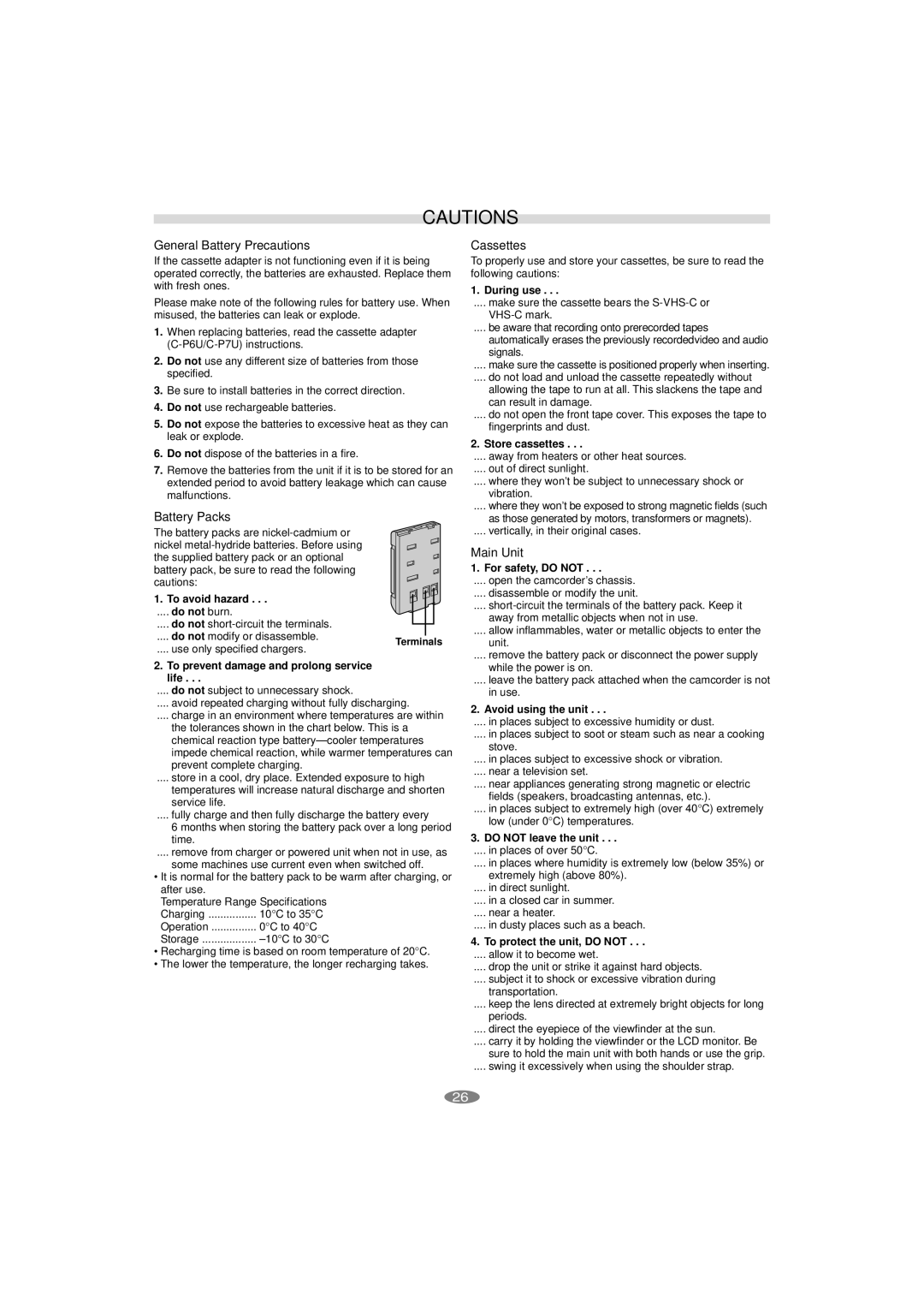 JVC GR-SXM195AS, LYT1133-001A manual General Battery Precautions, Battery Packs, Cassettes, Main Unit 