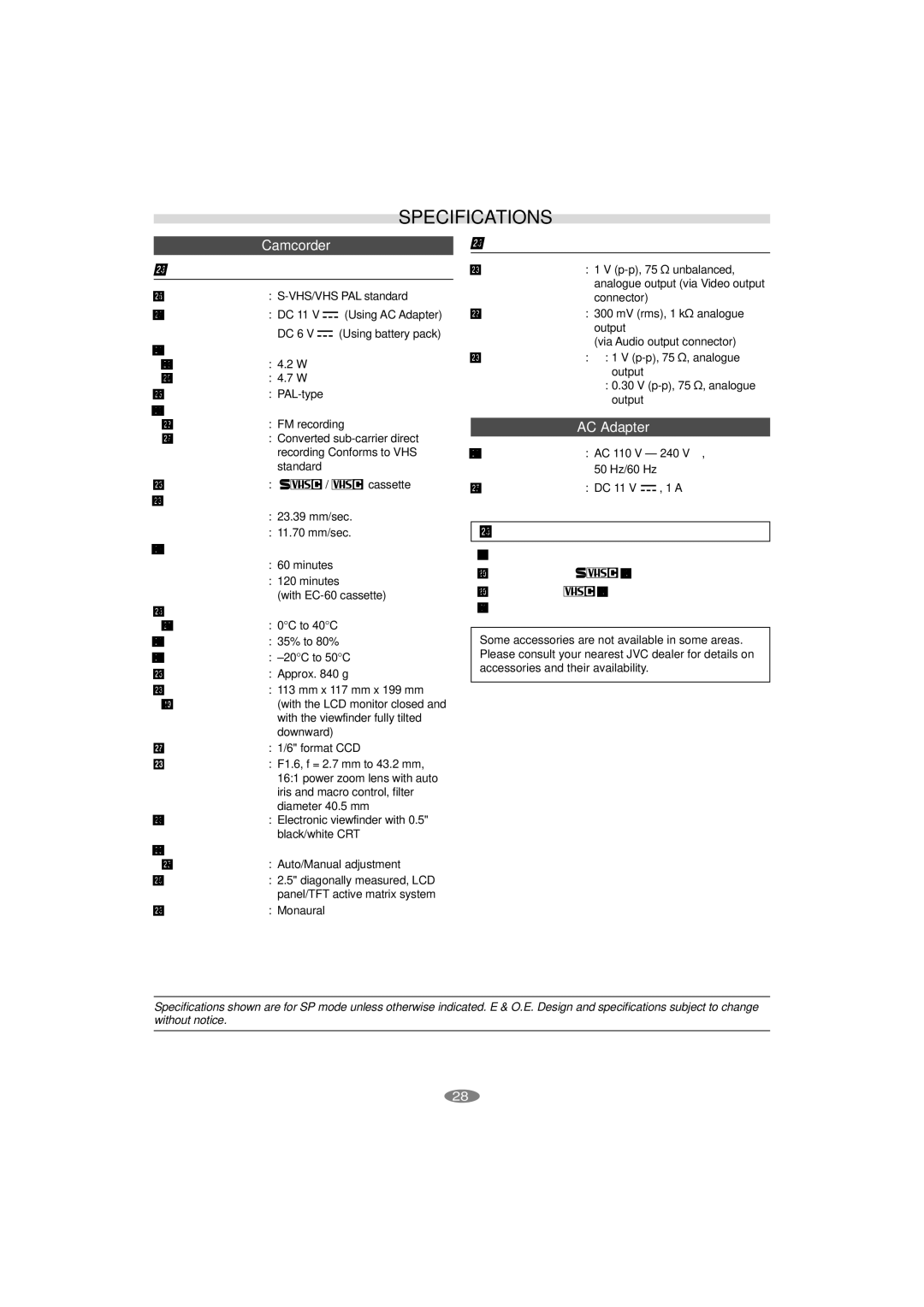 JVC GR-SXM195AS, LYT1133-001A manual Specifications, Optional Accessories 