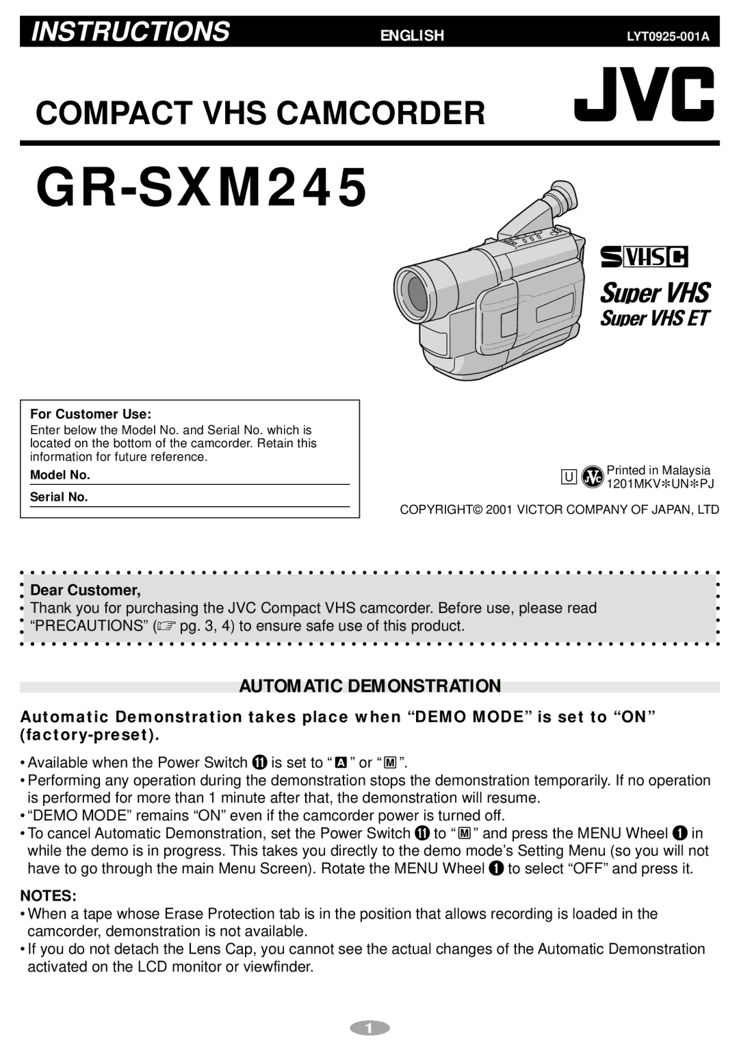 JVC GR-SXM245 manual Automatic Demonstration, Dear Customer, For Customer Use 