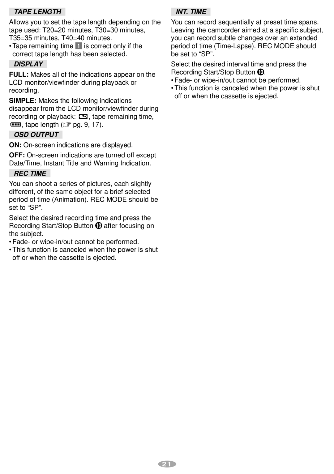 JVC GR-SXM245 manual Tape Length, Display, OSD Output, REC Time, INT. Time 