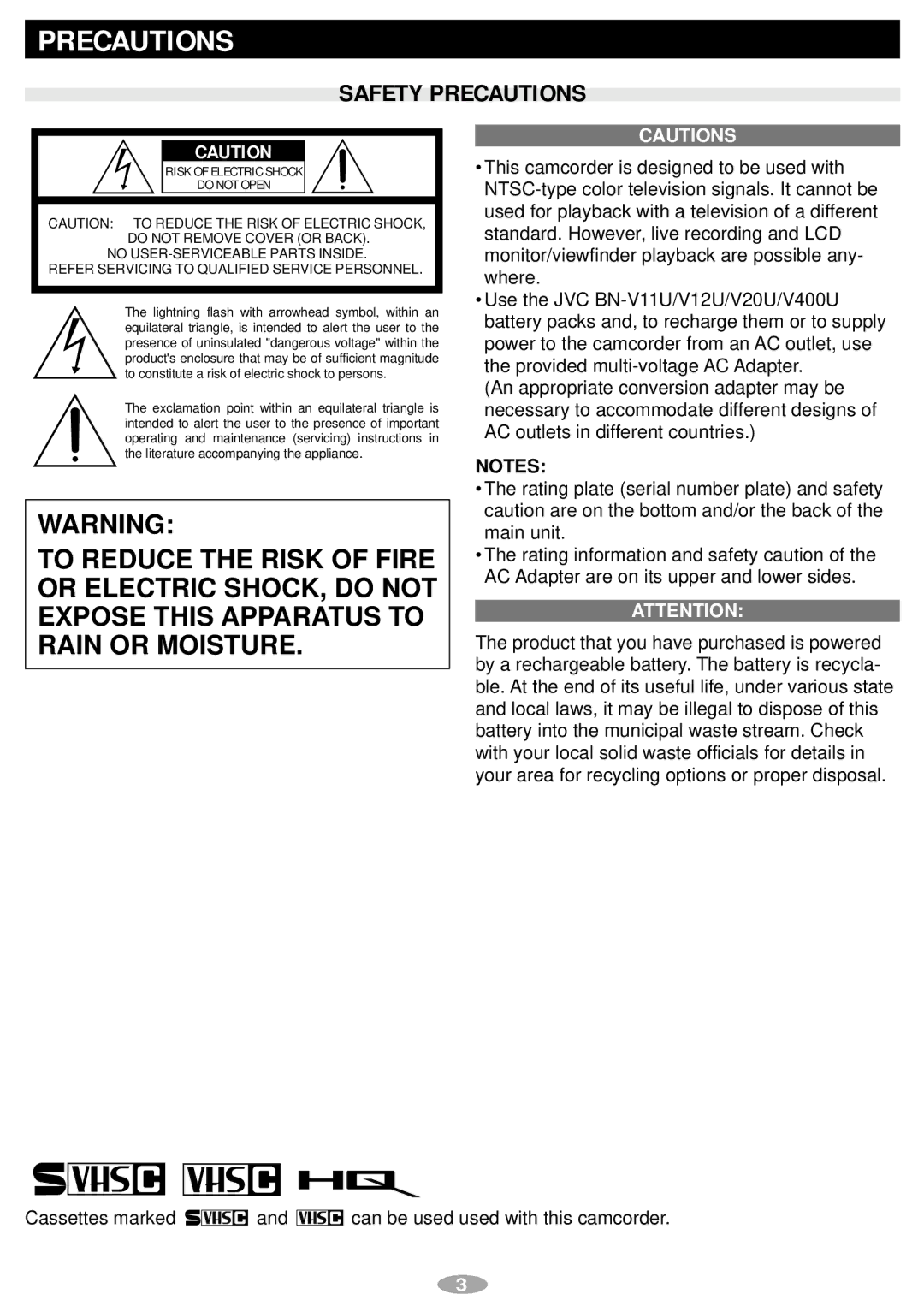 JVC GR-SXM245 manual Safety Precautions 