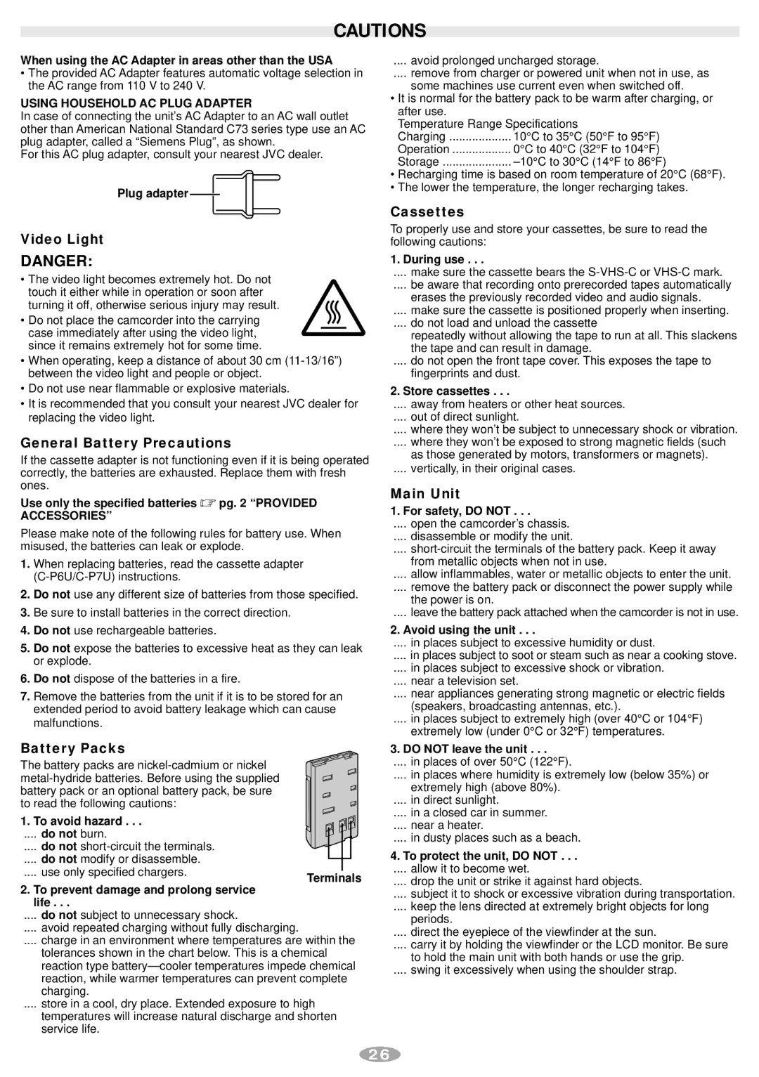 JVC GR-SXM248 manual General Battery Precautions, Battery Packs, Cassettes, Main Unit 