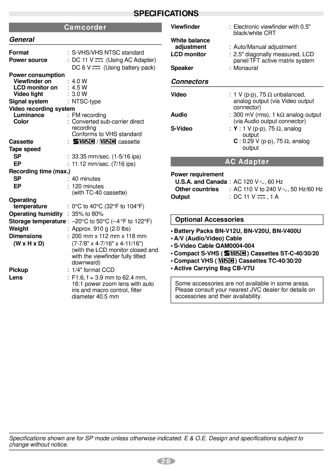 JVC GR-SXM248 manual Specifications, Optional Accessories 