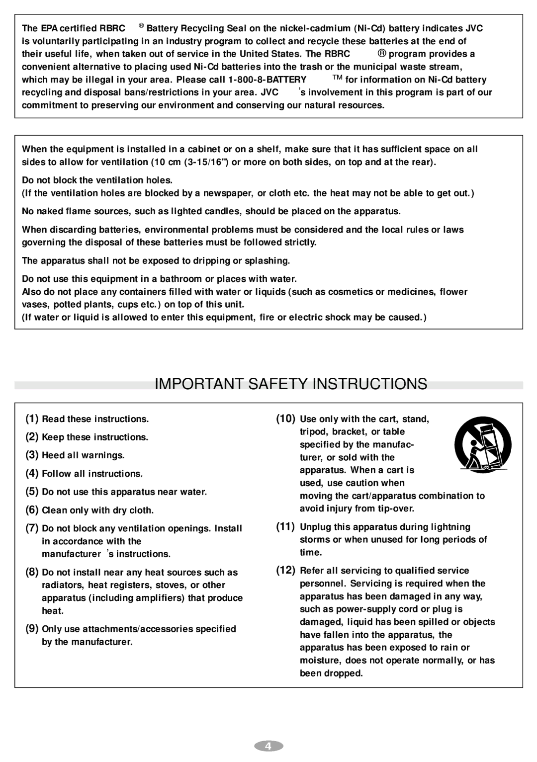 JVC GR-SXM248 manual Important Safety Instructions 