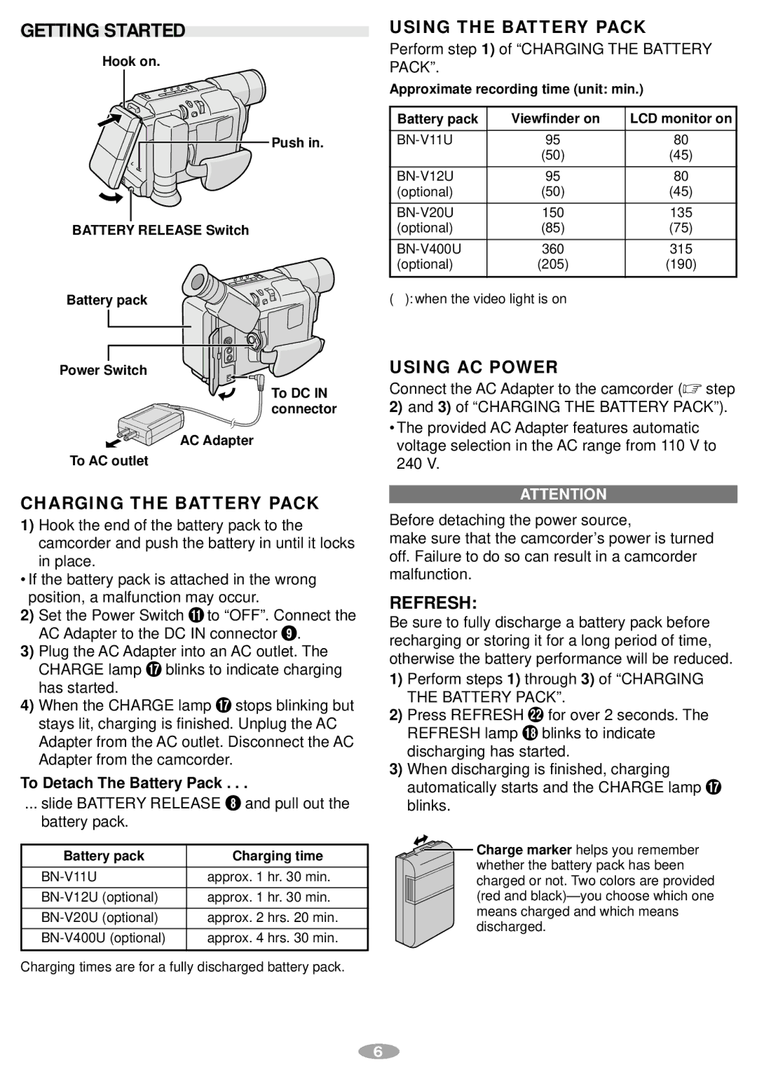 JVC GR-SXM248 manual Getting Started, To Detach The Battery Pack, Battery pack Charging time 