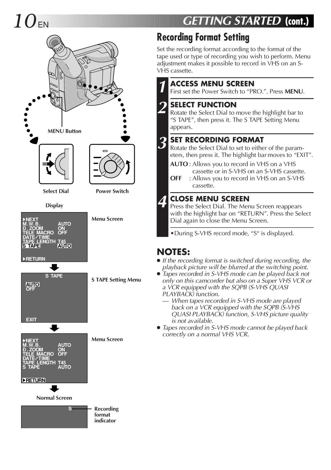 JVC GR-SXM25 manual Recording Format Setting, SET Recording Format, First set the Power Switch to PRO.. Press Menu 