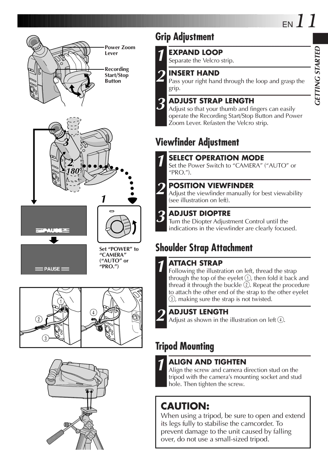 JVC GR-SXM25 manual Grip Adjustment, Shoulder Strap Attachment, Tripod Mounting 