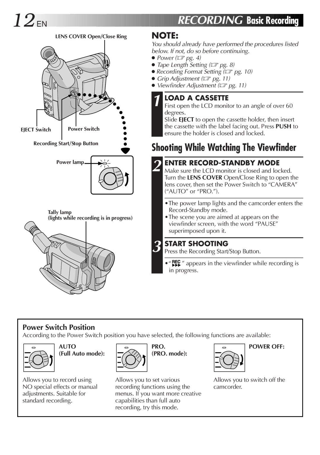 JVC GR-SXM25 manual Basic Recording, Power Switch Position, Load a Cassette, Start Shooting 