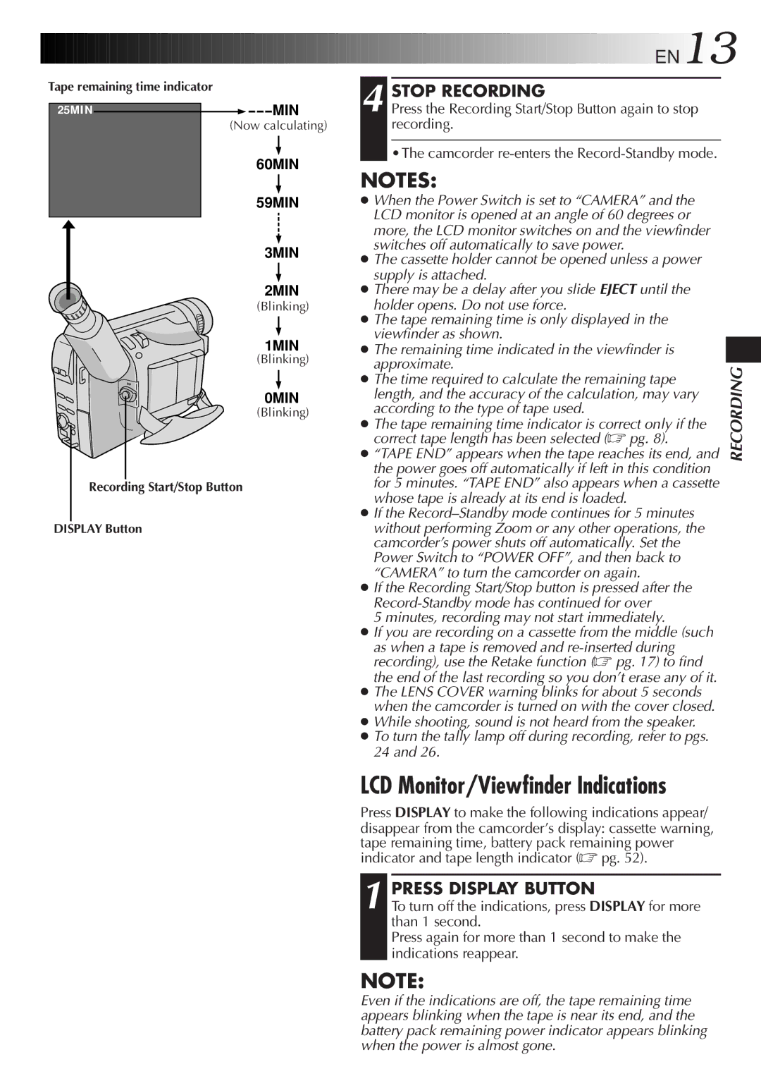 JVC GR-SXM25 manual LCD Monitor/Viewfinder Indications, Stop Recording, Press Display Button 