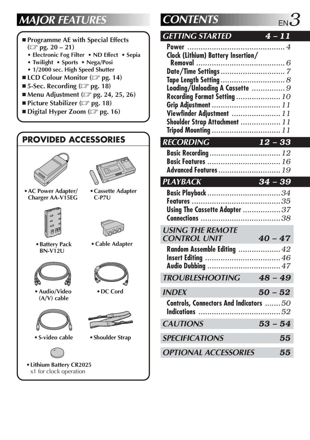 JVC GR-SXM25 manual Major Features Contents EN3 