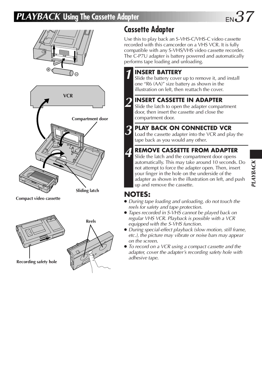 JVC GR-SXM25 manual Using The Cassette Adapter EN37, Insert Battery 