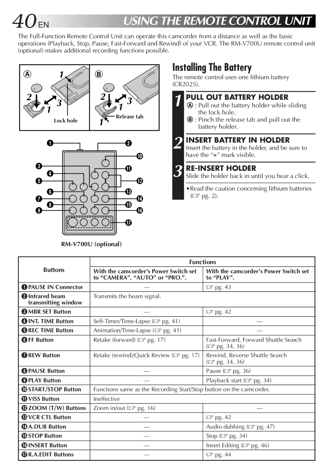 JVC GR-SXM25 manual Installing The Battery, Pull OUT Battery Holder, Remote control uses one lithium battery CR2025 