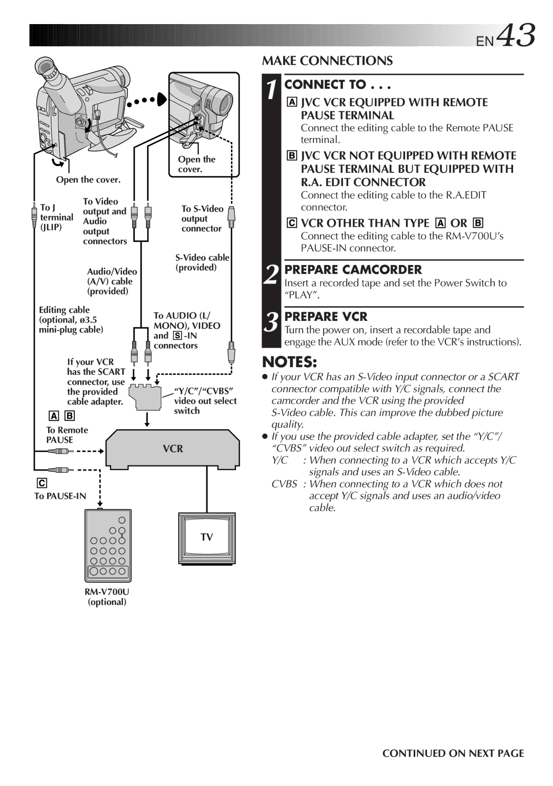 JVC GR-SXM25 Make Connections, JVC VCR Equipped with Remote Pause Terminal, VCR Other than Type or, Prepare Camcorder 