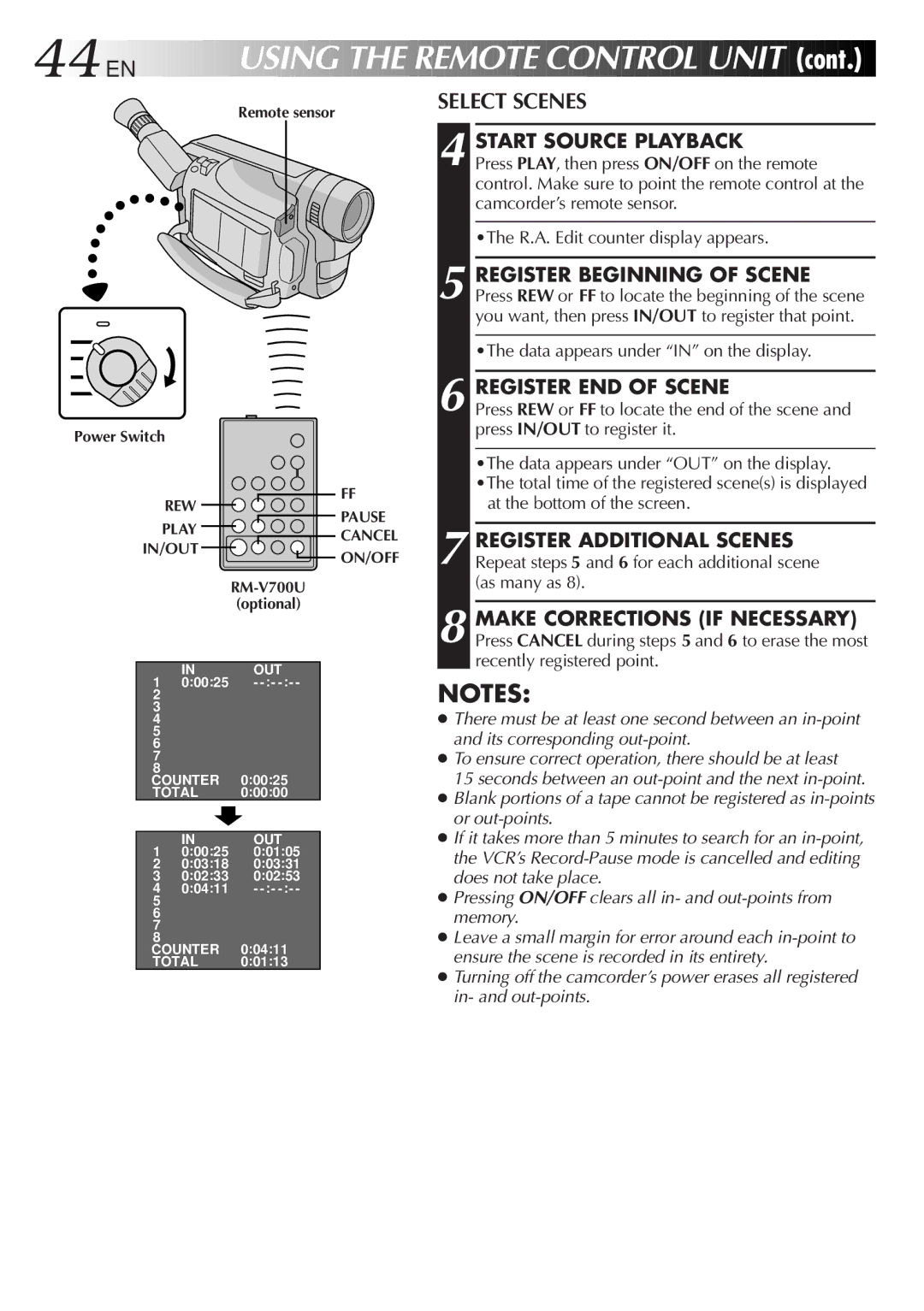 JVC GR-SXM25 manual Select Scenes, Start Source Playback, Register END of Scene, At the bottom of the screen 