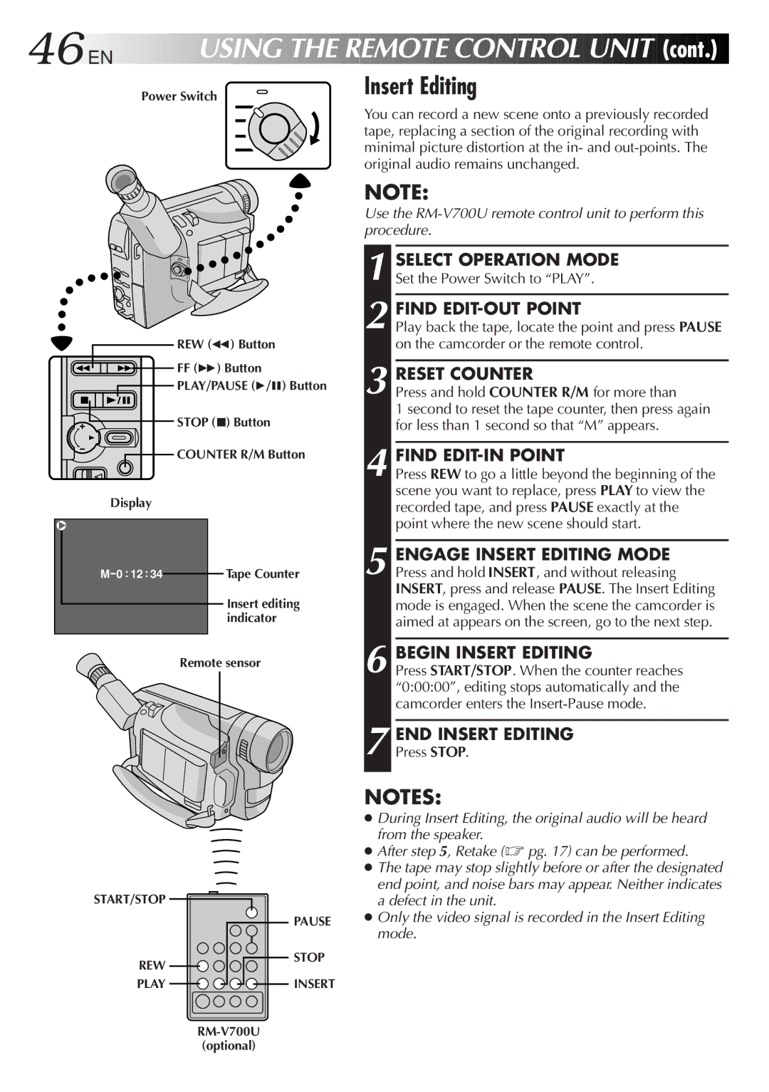 JVC GR-SXM25 manual EN Using the Remote Control Unit, Insert Editing 