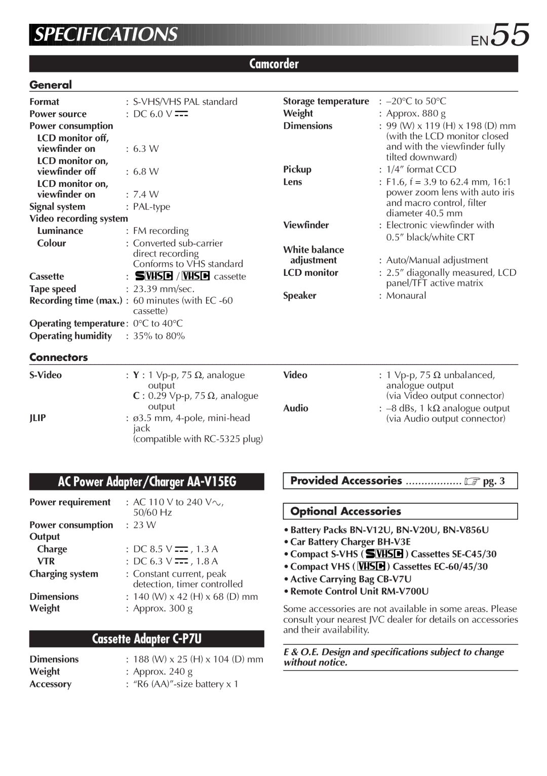 JVC GR-SXM25 manual General, Connectors, Provided Accessories Optional Accessories 