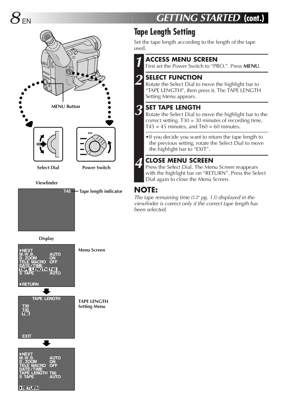 JVC GR-SXM25 manual EN Getting Started, Tape Length Setting, Cont 
