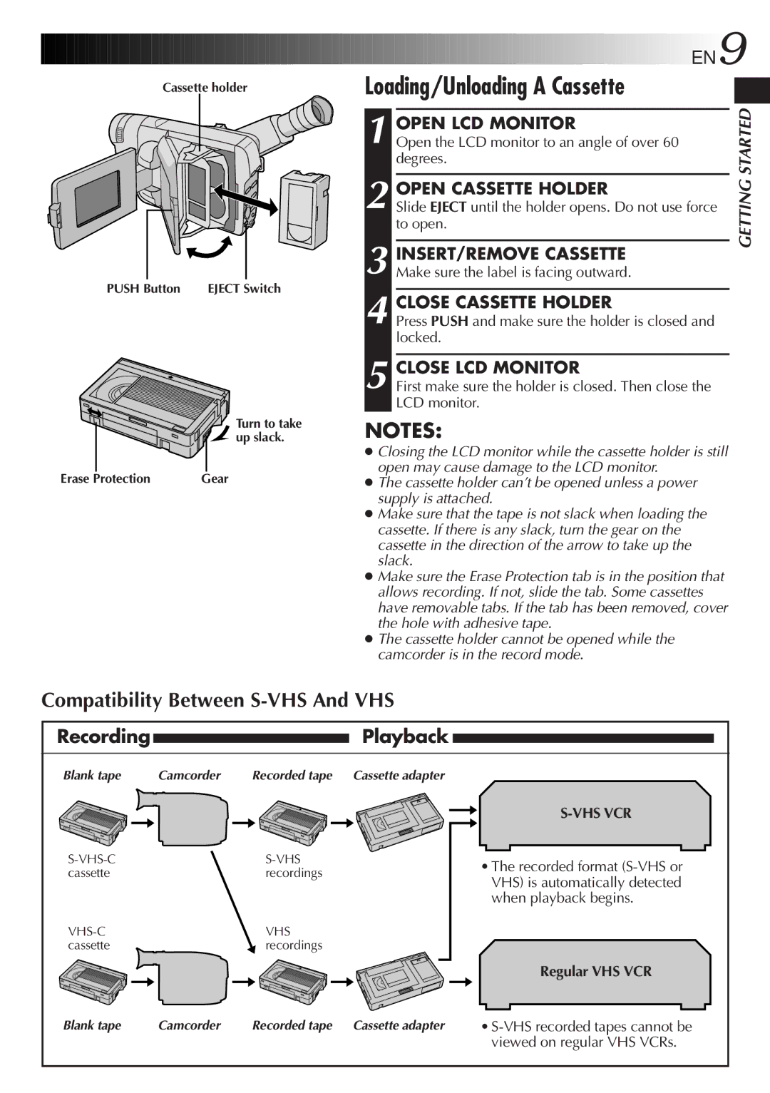 JVC GR-SXM25 manual Loading/Unloading a Cassette, RecordingPlayback 