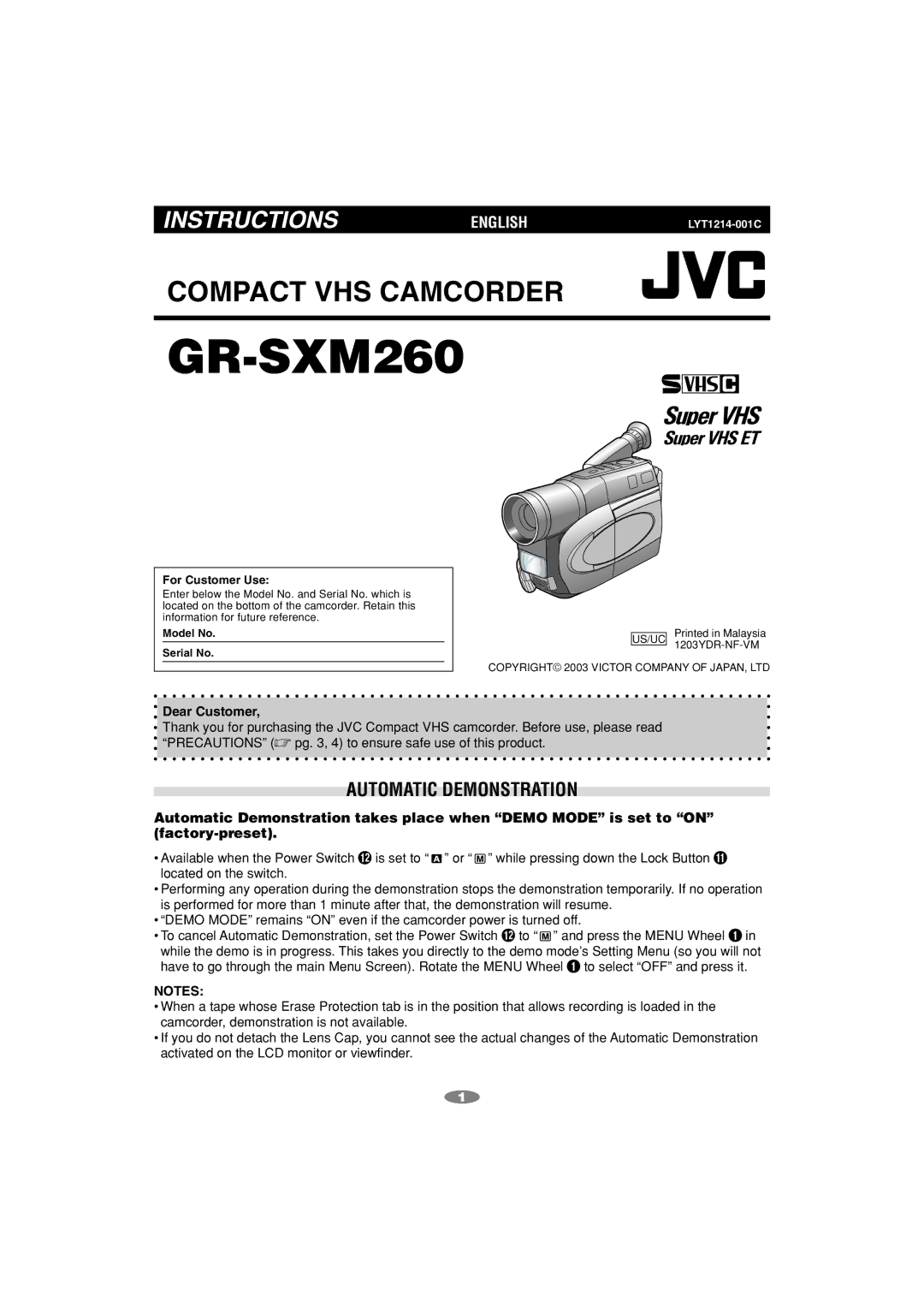 JVC GR-SXM260 manual Automatic Demonstration, Dear Customer 