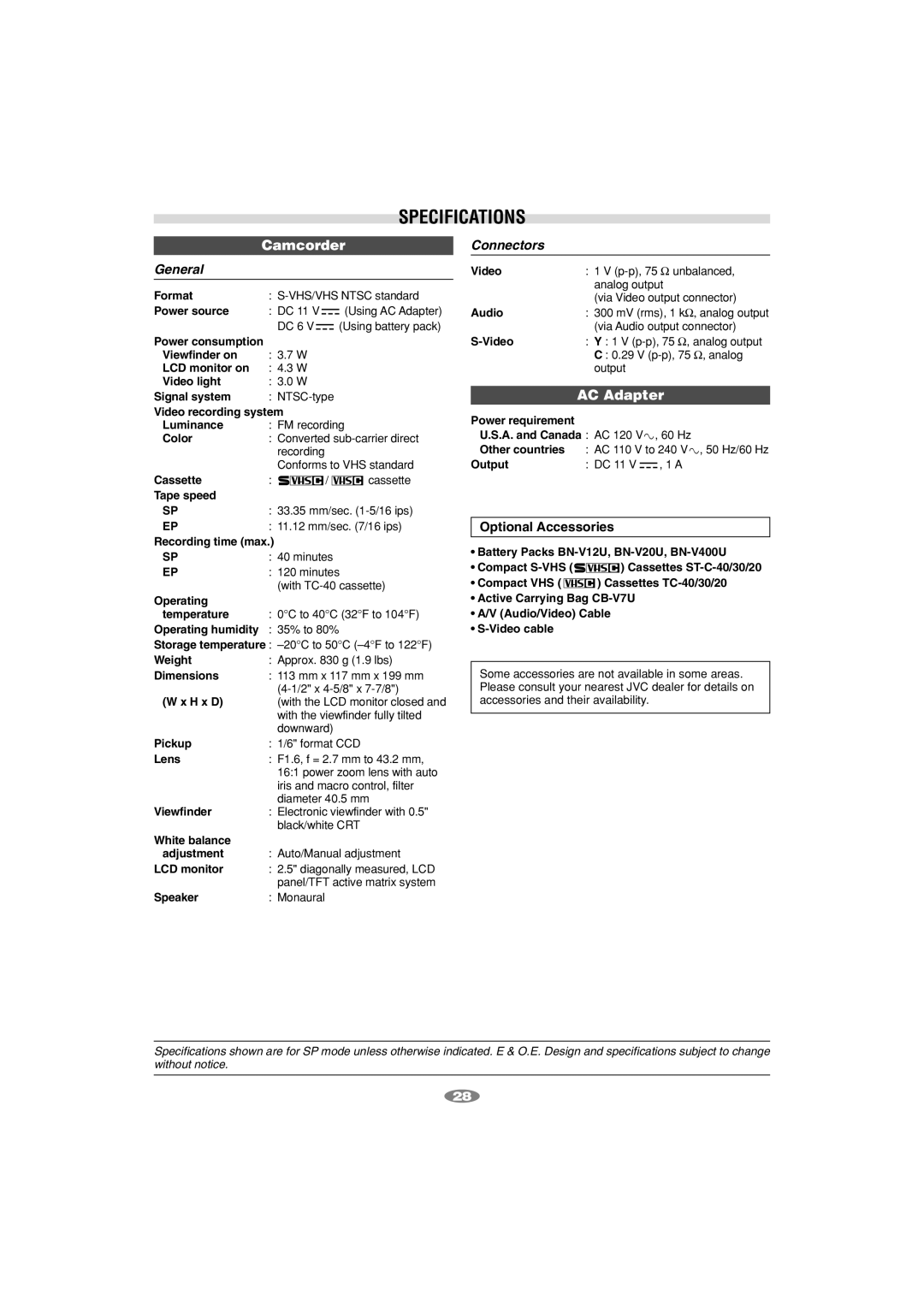 JVC GR-SXM260 manual Specifications, Optional Accessories 