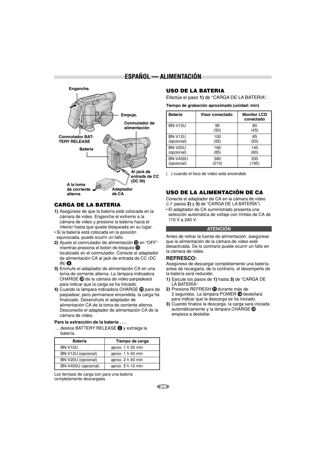 JVC GR-SXM260 manual Español Alimentación, Carga DE LA Bateria, USO DE LA Bateria, USO DE LA Alimentación DE CA, Refresco 