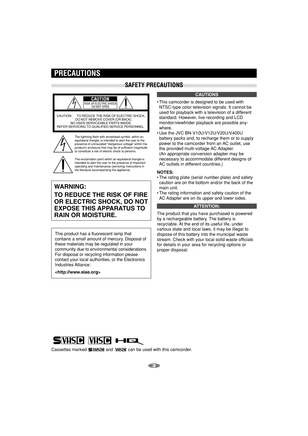 JVC GR-SXM260 manual Safety Precautions 