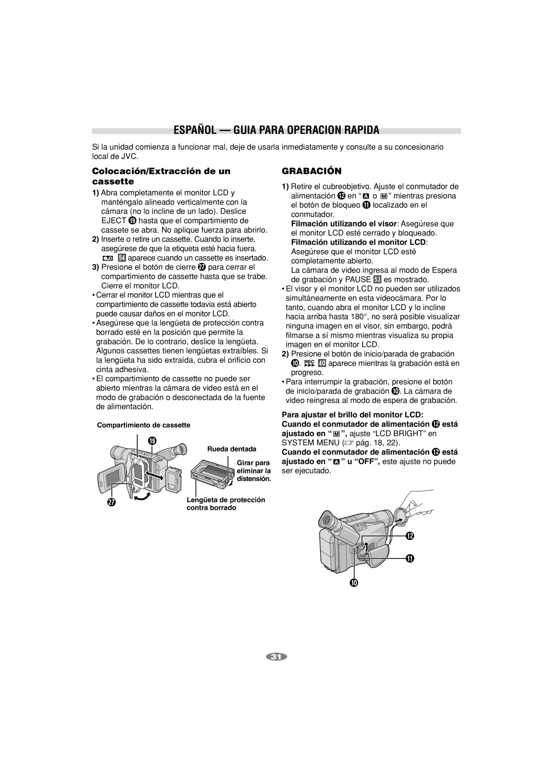 JVC GR-SXM260 manual Español Guia Para Operacion Rapida, Colocación/Extracción de un cassette, Grabación 