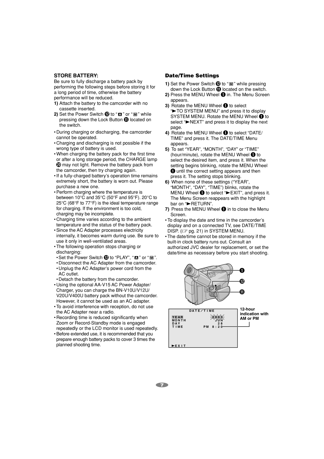 JVC GR-SXM260 manual Store Battery, Date/Time Settings 