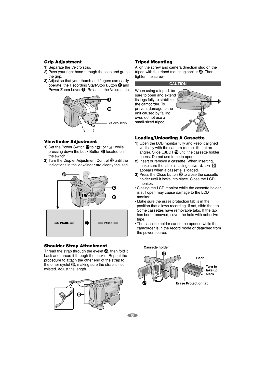 JVC GR-SXM260 manual Grip Adjustment, Tripod Mounting, Viewfinder Adjustment, 180, Shoulder Strap Attachment 