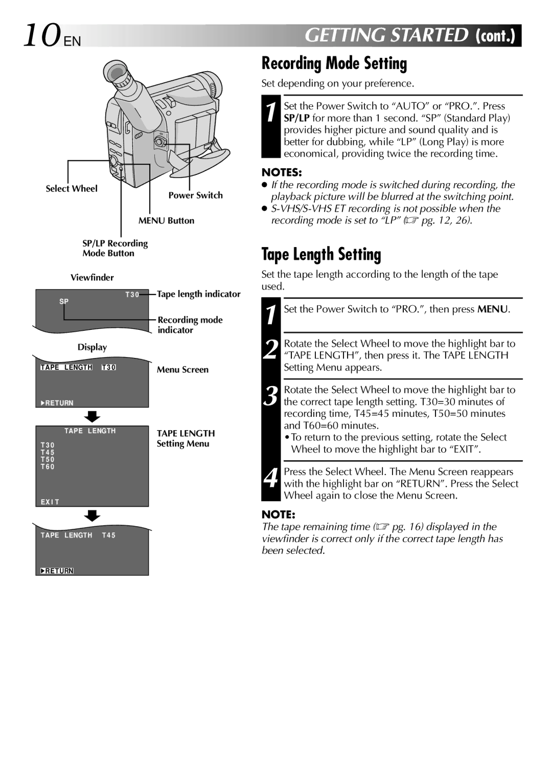 JVC GR-SXM460A, GR-SXM260A, GR-SX210A 10 EN, Recording Mode Setting, Tape Length Setting, Set depending on your preference 