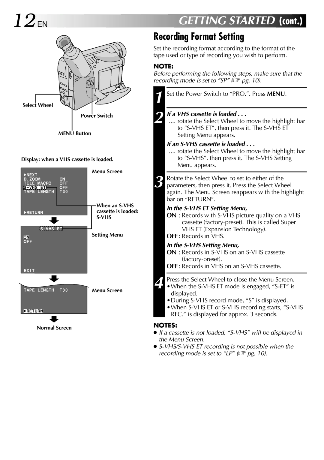 JVC GR-SXM260A, GR-SX210A, GR-SX21EA, GR-SXM26EA, GR-SXM460A, GR-SXM46EA specifications 12 EN, Recording Format Setting 