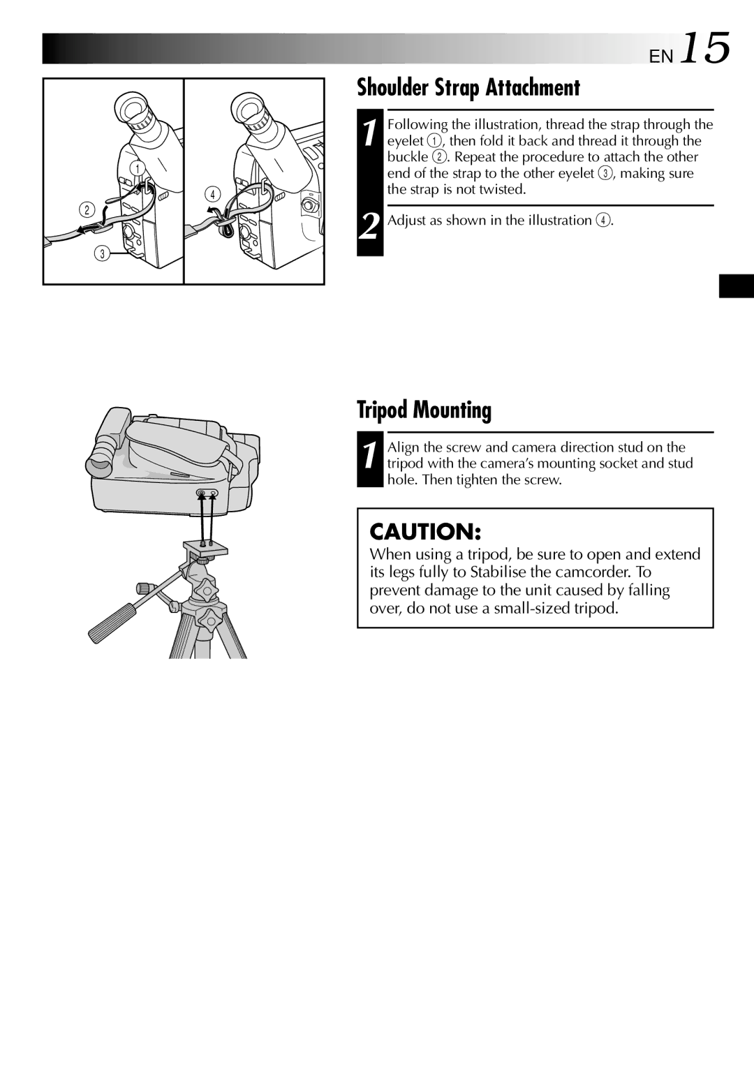 JVC GR-SXM26EA, GR-SXM260A, GR-SX210A, GR-SX21EA, GR-SXM460A, GR-SXM46EA Shoulder Strap Attachment, Tripod Mounting 