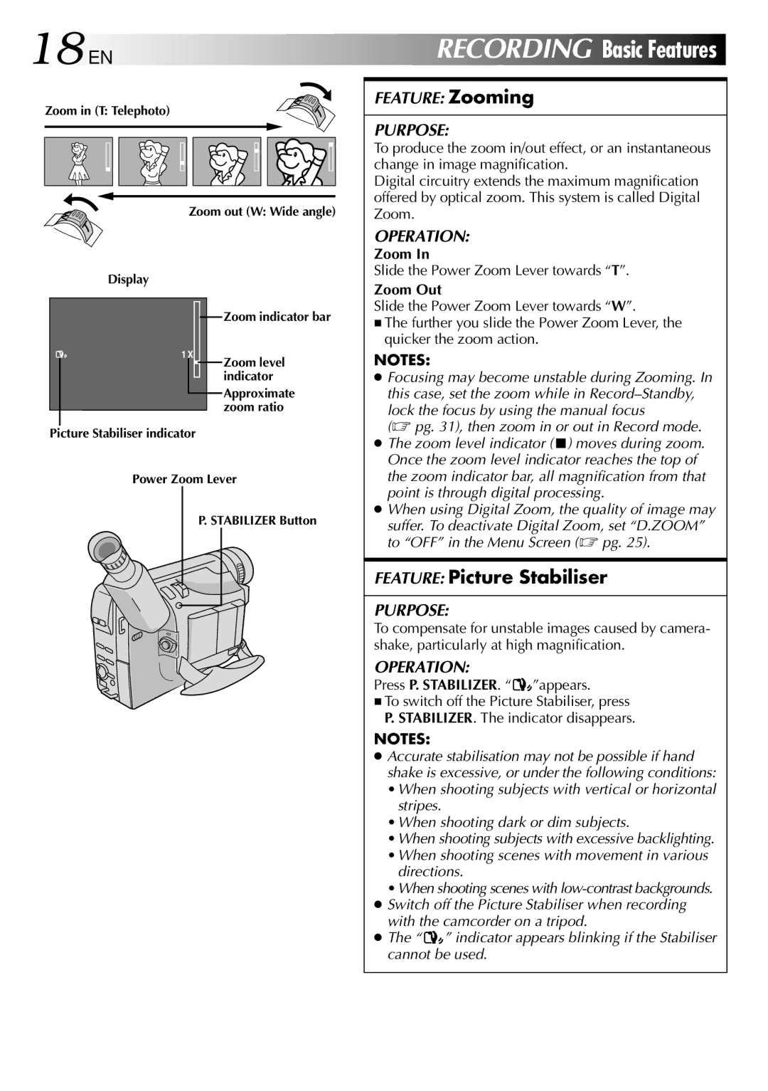 JVC GR-SXM260A, GR-SX210A, GR-SX21EA, GR-SXM26EA, GR-SXM460A, GR-SXM46EA 18 EN, Feature Picture Stabiliser, Zoom Out 