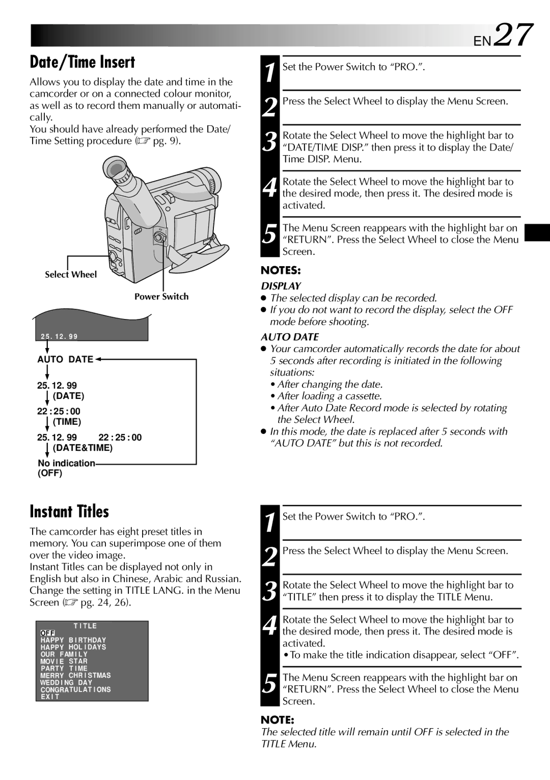 JVC GR-SXM26EA, GR-SXM260A, GR-SX210A, GR-SX21EA, GR-SXM460A, GR-SXM46EA specifications Date/Time Insert, Instant Titles 