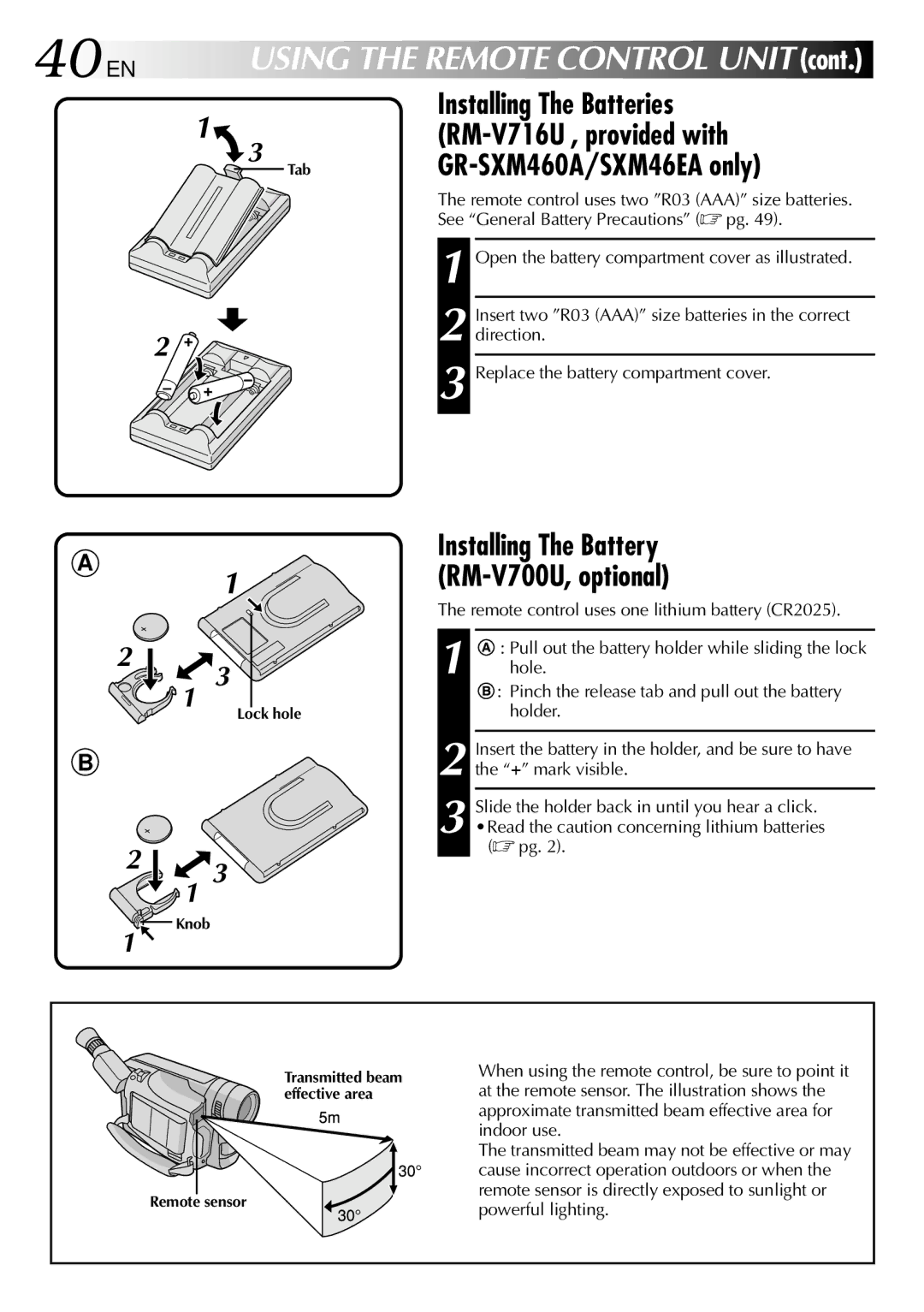 JVC GR-SXM460A 40 EN, Installing The Battery RM-V700U, optional, Open the battery compartment cover as illustrated 