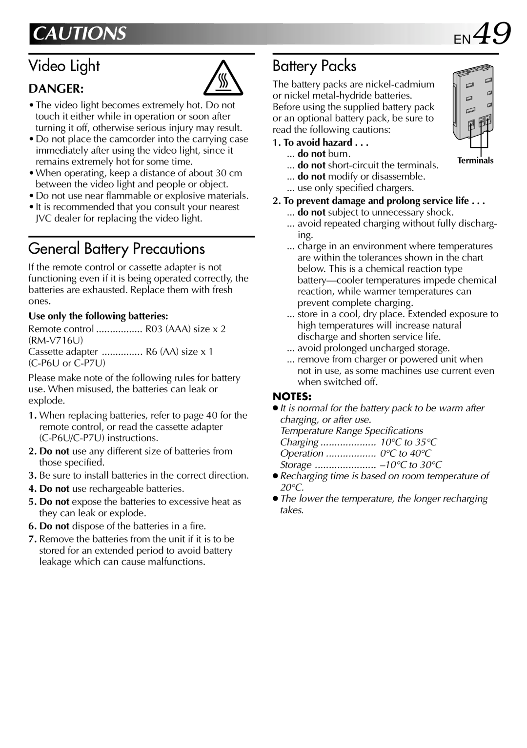 JVC GR-SX210A, GR-SXM260A Use only the following batteries, To avoid hazard, To prevent damage and prolong service life 