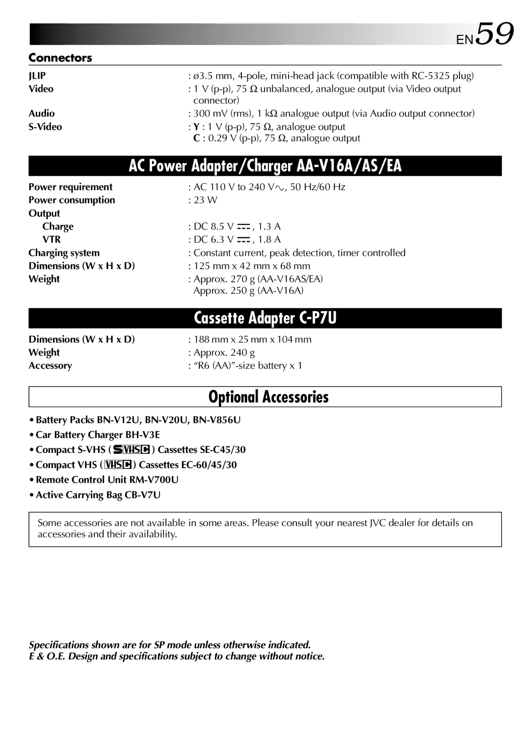 JVC GR-SXM46EA, GR-SXM260A, GR-SX210A, GR-SX21EA, GR-SXM26EA, GR-SXM460A specifications Optional Accessories 