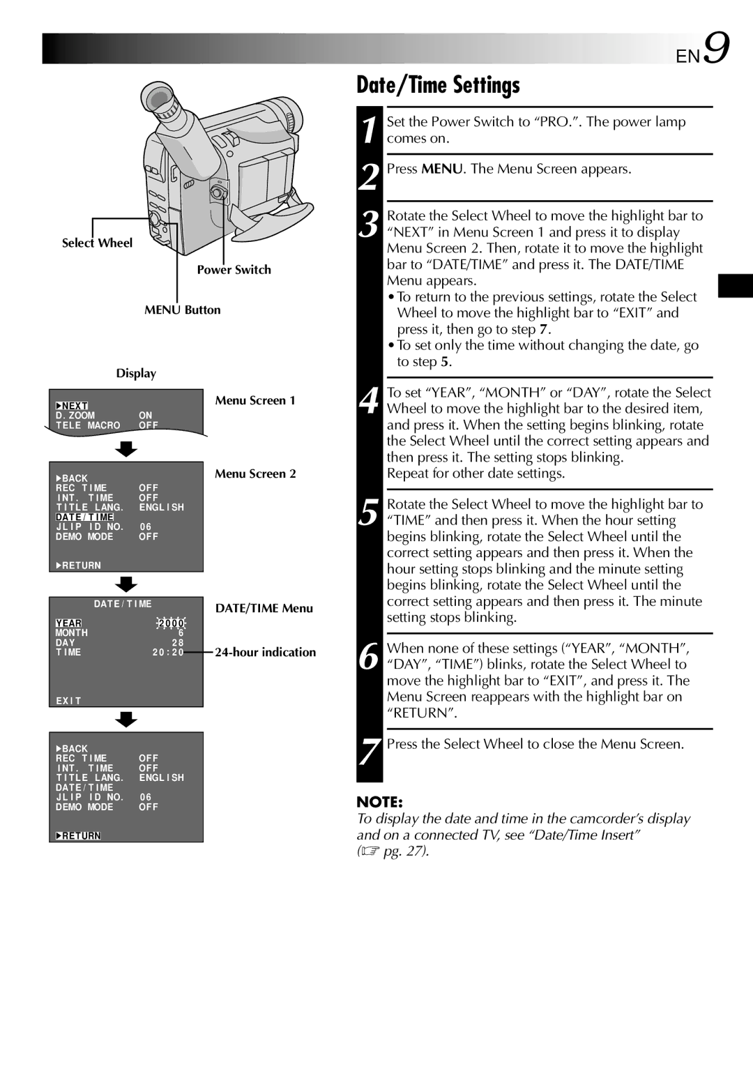 JVC GR-SXM26EA, GR-SXM260A, GR-SX210A, GR-SX21EA, GR-SXM460A, GR-SXM46EA specifications Date/Time Settings, DATE/TIME Menu 